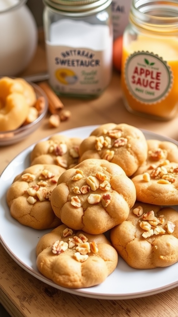 A plate of golden-brown zero-calorie cookies with nuts, set in a cozy kitchen.